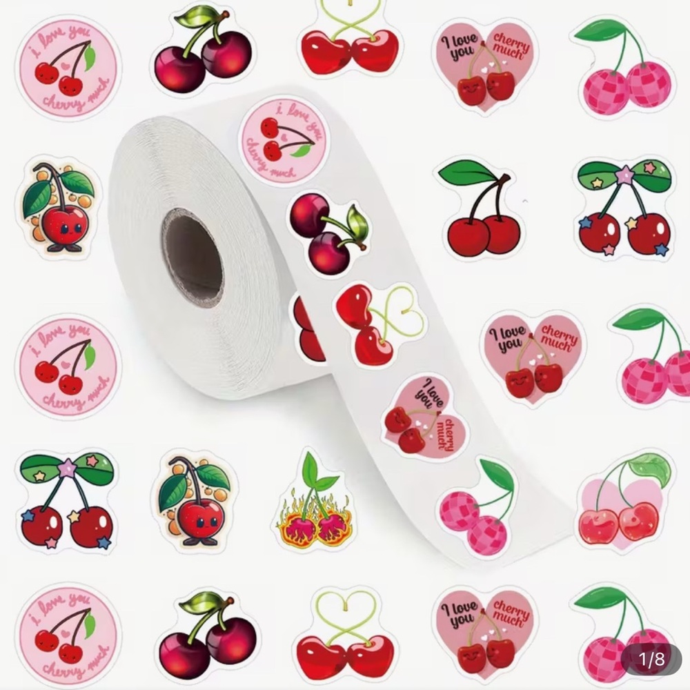 Cherry Stickers Roll 500 - Self-Adhesive Reusable 1 Inch